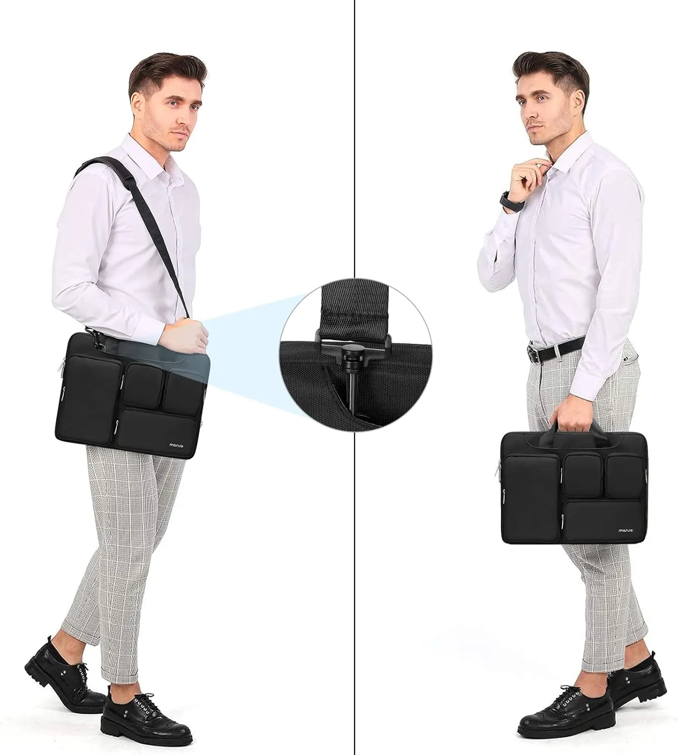 MOSISO Laptop Shoulder Messenger Bag Compatible with MacBook Air/Pro, 13-13.3 inch Notebook, Compatible with MacBook Pro 14 inch, Polyester Briefcase Sleeve with 4 Front Zipper Pockets & Belt,Black