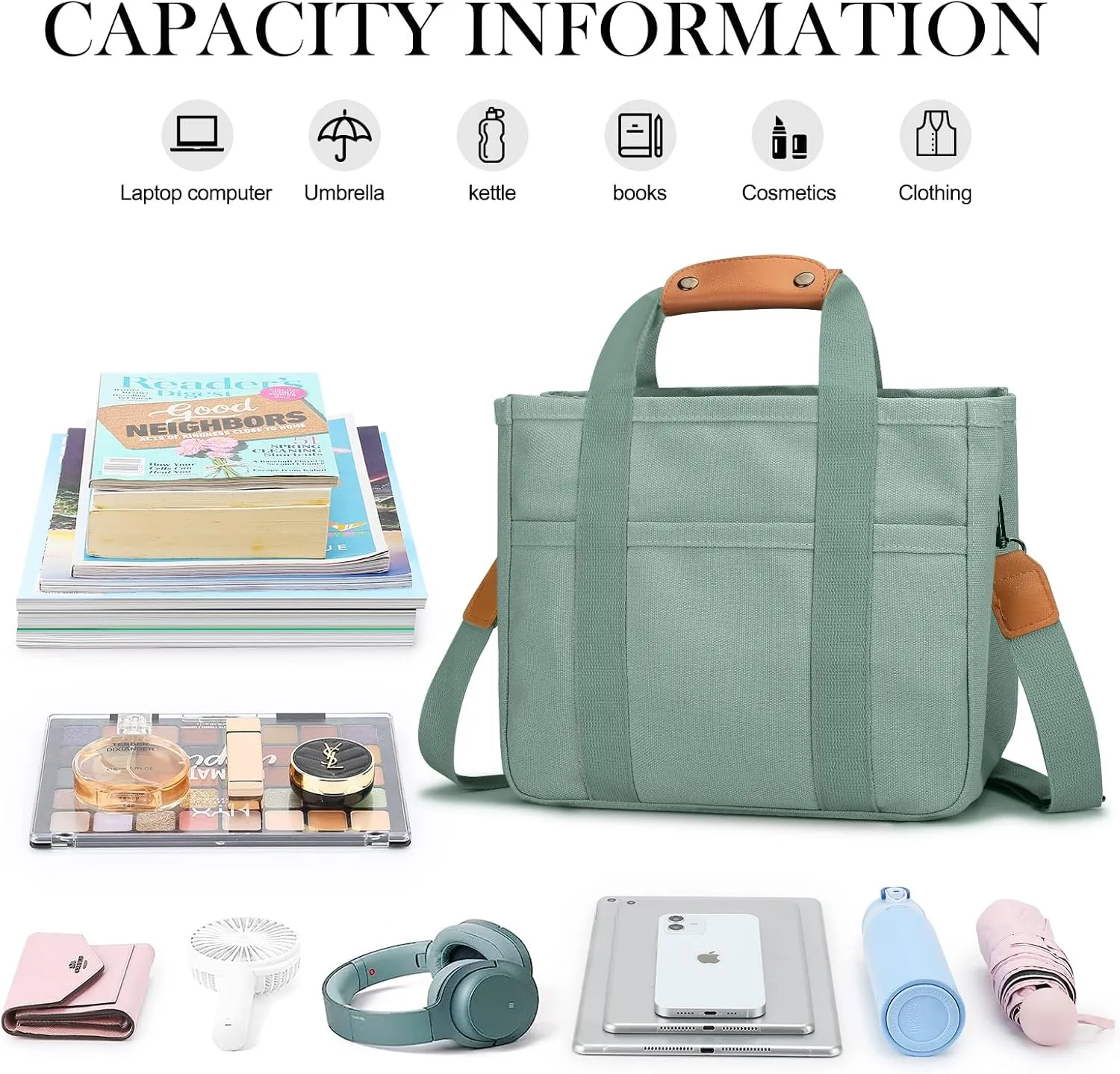 Mossio Large Canvas Tote Bag for Women with Multi Pockets - Laptop Crossbody Shoulder Handbag Everyday Tote with Compartments