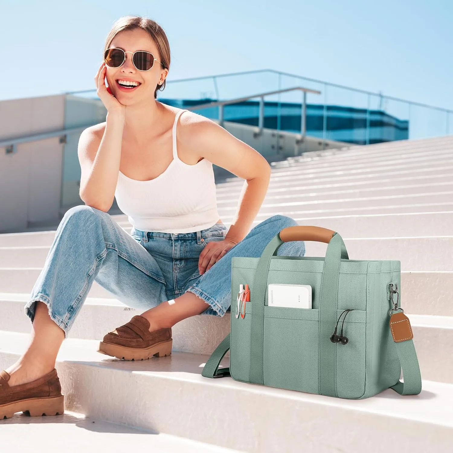 Mossio Large Canvas Tote Bag for Women with Multi Pockets - Laptop Crossbody Shoulder Handbag Everyday Tote with Compartments