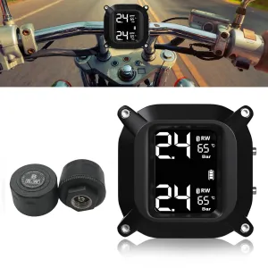Motorcycle TPMS Wireless Tire Pressure Monitoring System with 2 External Sensors LCD Display Motorbike Tyre Temperature Alarm for Two-Wheeled Motorcycle Wireless TPMS