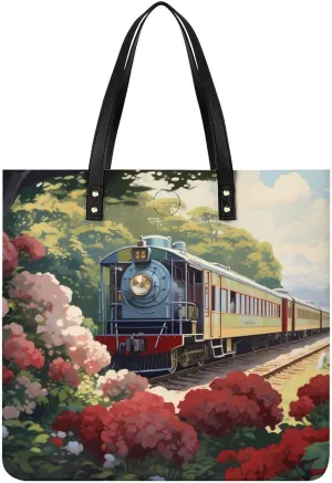 Mountain Train Railroad Tracks Tote Bags PU Leather Top Handle Satchel Handbags Shoulder Bags Travel Purse for Women Men