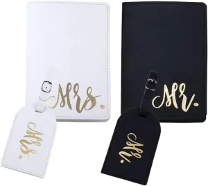 mr and mrs passport covers and luggage tags gift set, couple passport holder for honeymoon