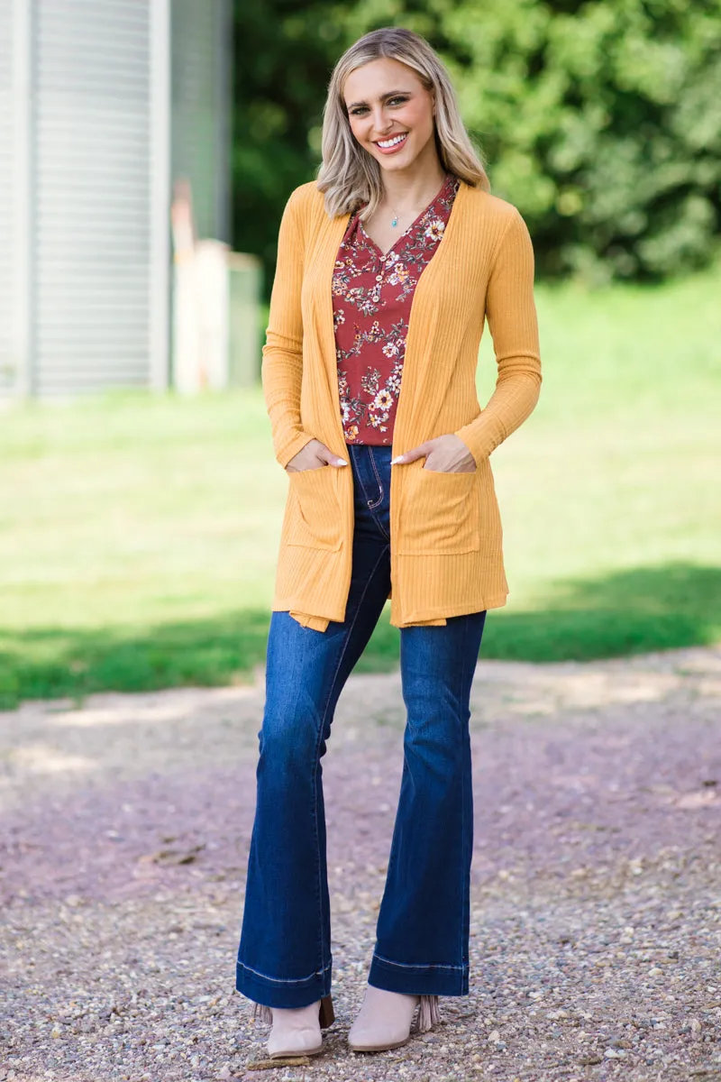 Mustard Rib Knit Cardigan With Pockets
