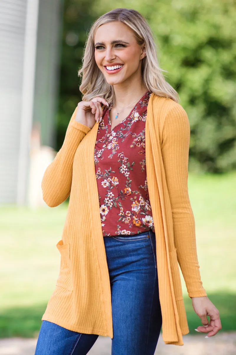 Mustard Rib Knit Cardigan With Pockets