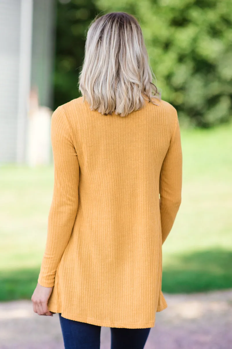 Mustard Rib Knit Cardigan With Pockets