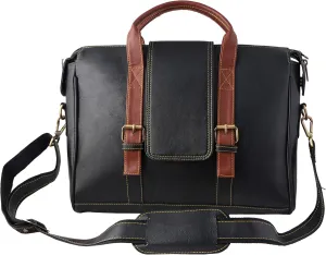 Mysa Black Vegan Leather Slim Vintage Messenger Crossbody Satchel Shoulder Briefcase Sleeve Bags with Adjustable Strap for Office Work Travel Fits 14" Computer Laptop Tablet for Men Women