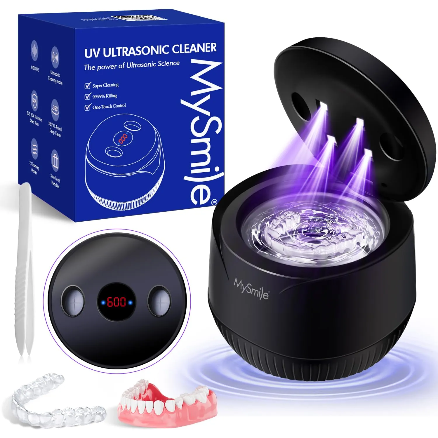 MySmile Ultrasonic Retainer Cleaner, 45kHz Retainer Cleaner Machine with Digital Timer, 200ML Portable Ultrasonic Retainer Jewelry Cleaner for Dentures, Aligner, Braces, Mouth Guard