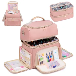 Nail Polish Organizer Case Holds 70 Bottles and a Nail Lamp, Double-Layer Nail Storage Bag with 2 Removable Cases and Tool Storage Pockets, Portable Nail Polish Carrying Case for Travel-Pink