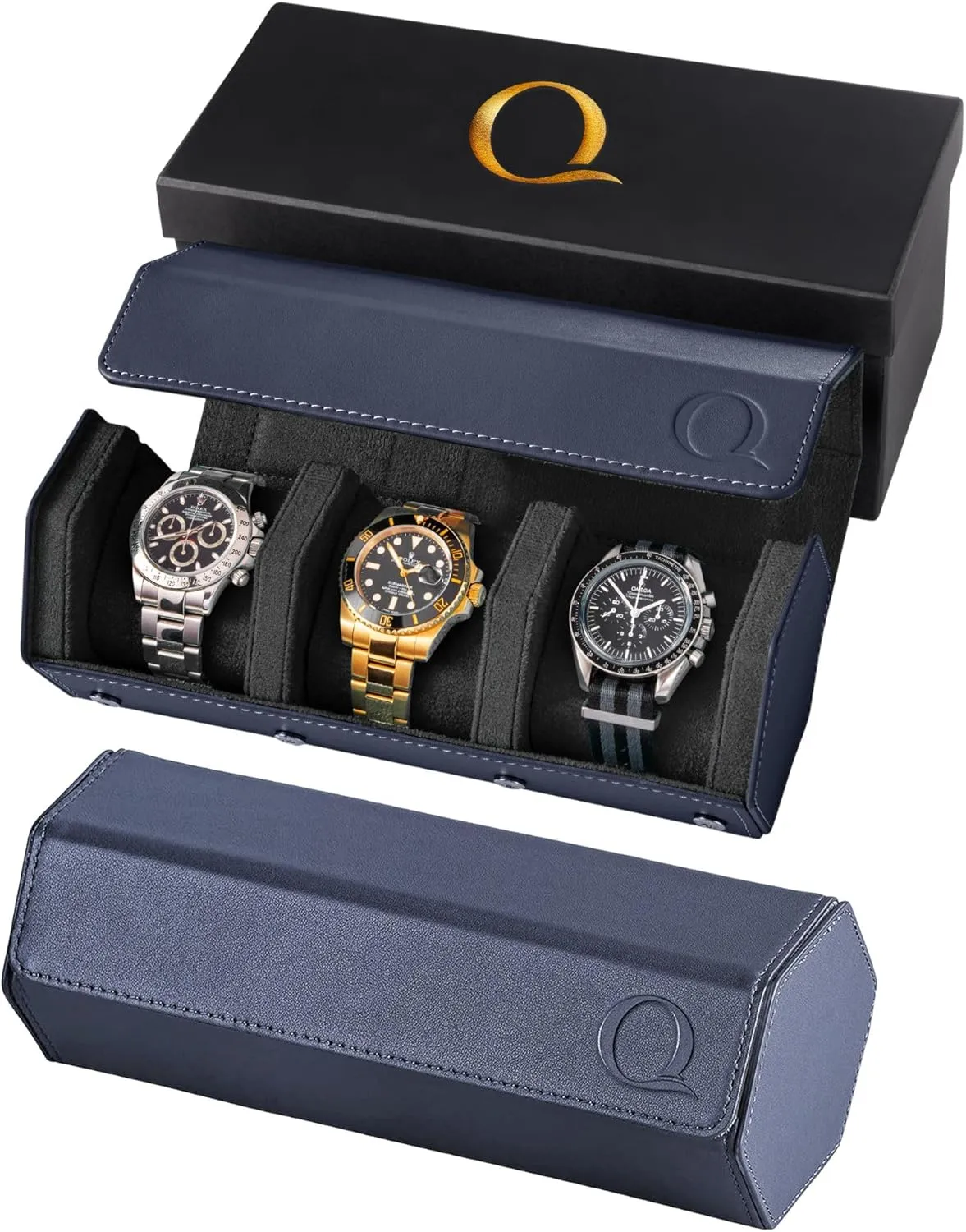 Napa Leather Watch Rolls for Men - Hexagon Triple Watch Roll Travel Case for 3 Watches - Storage Organizer Genuine Leather with Velvet Interior Display (Blue/Black)