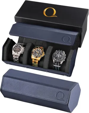 Napa Leather Watch Rolls for Men - Hexagon Triple Watch Roll Travel Case for 3 Watches - Storage Organizer Genuine Leather with Velvet Interior Display (Blue/Black)