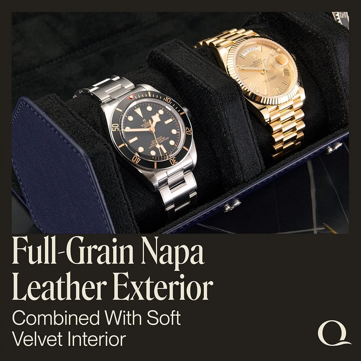 Napa Leather Watch Rolls for Men - Hexagon Triple Watch Roll Travel Case for 3 Watches - Storage Organizer Genuine Leather with Velvet Interior Display (Blue/Black)