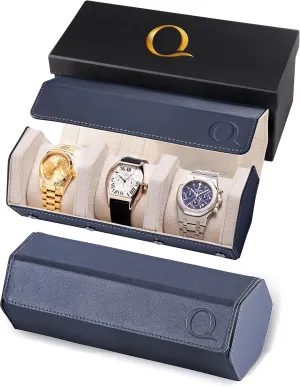 Napa Leather Watch Rolls for Men - Hexagon Triple Watch Roll Travel Case for 3 Watches - Storage Organizer Genuine Leather with Velvet Interior Display (Blue/Cream)