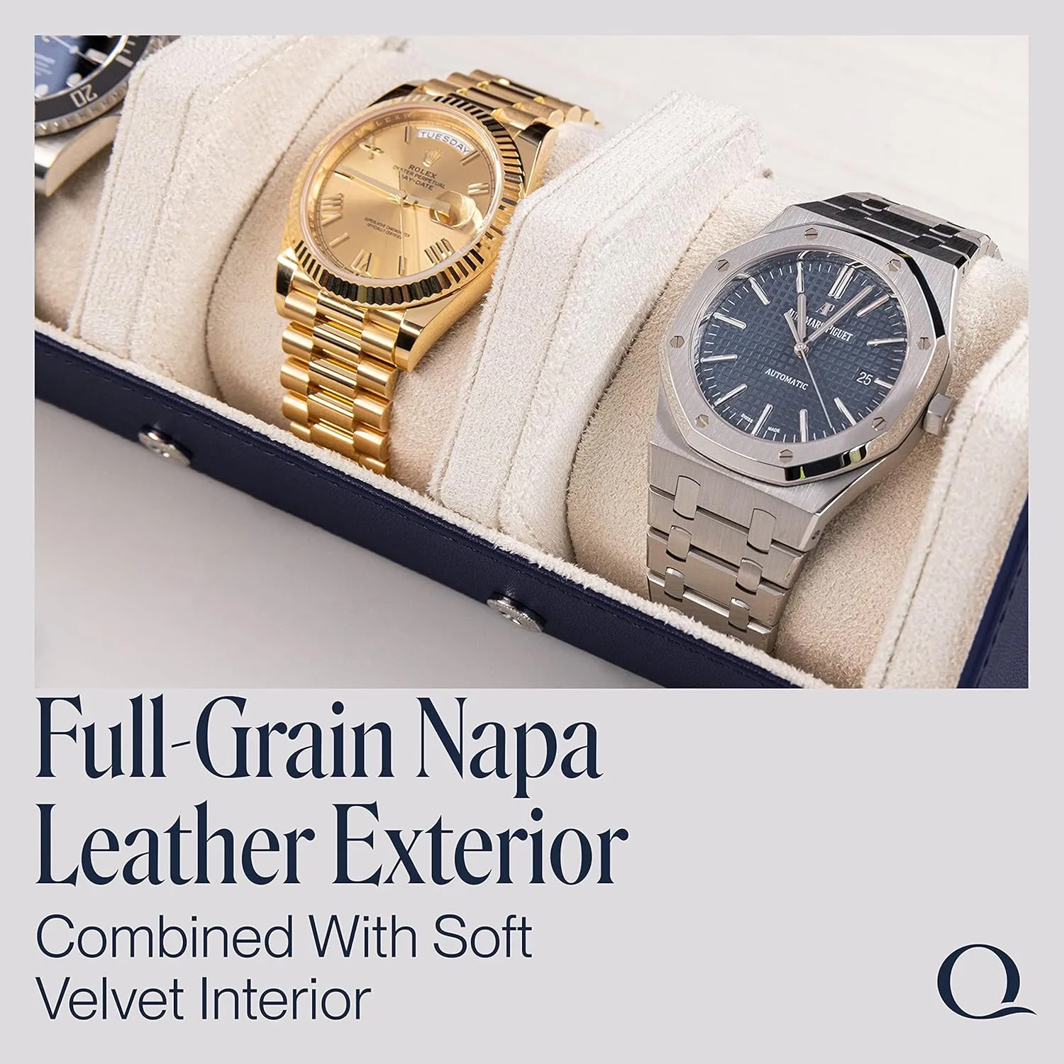 Napa Leather Watch Rolls for Men - Hexagon Triple Watch Roll Travel Case for 3 Watches - Storage Organizer Genuine Leather with Velvet Interior Display (Blue/Cream)