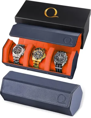 Napa Leather Watch Rolls for Men - Hexagon Triple Watch Roll Travel Case for 3 Watches - Storage Organizer Genuine Leather with Velvet Interior Display (Blue/Orange)