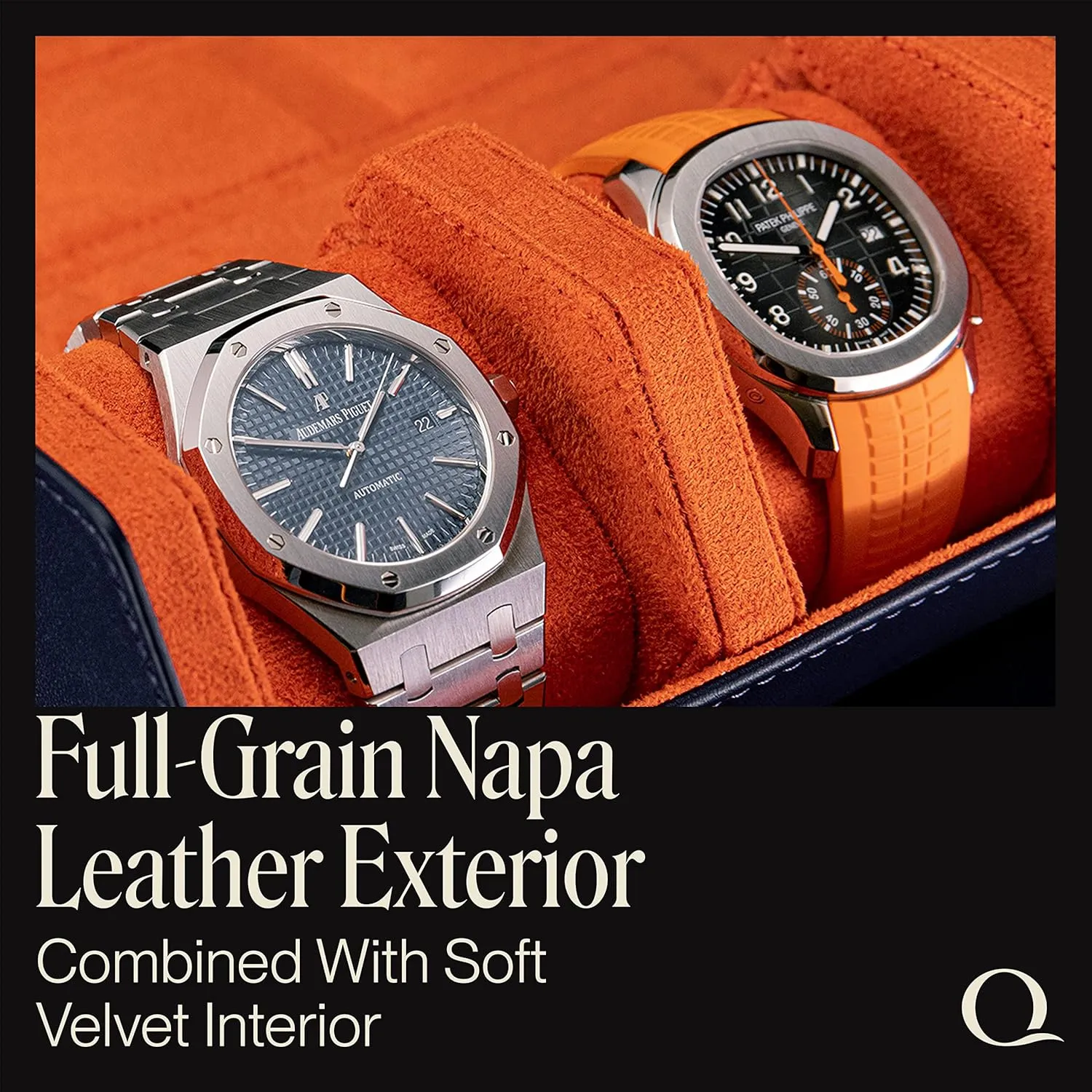 Napa Leather Watch Rolls for Men - Hexagon Triple Watch Roll Travel Case for 3 Watches - Storage Organizer Genuine Leather with Velvet Interior Display (Blue/Orange)