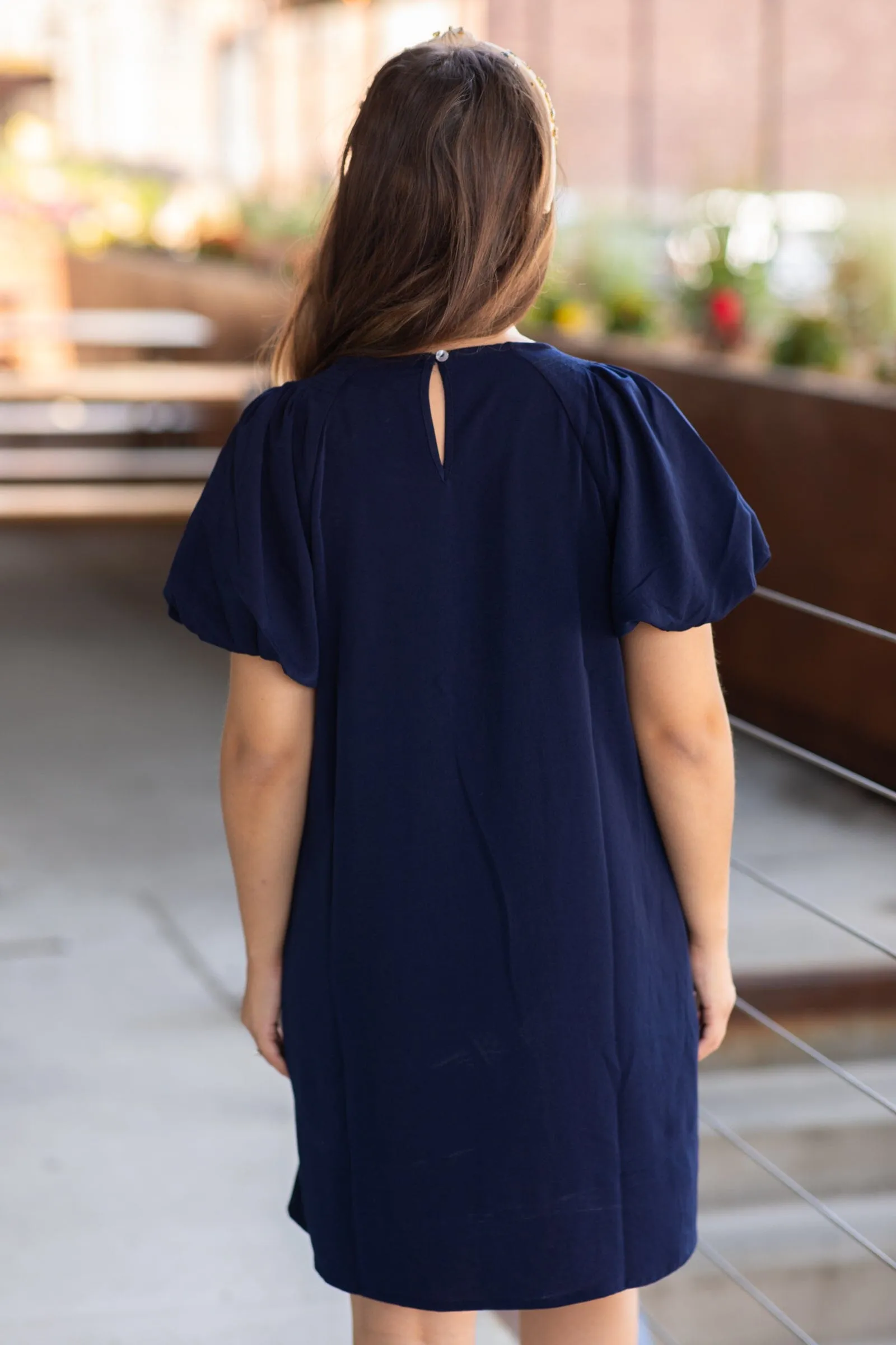 Navy Balloon Sleeve Dress With Pockets