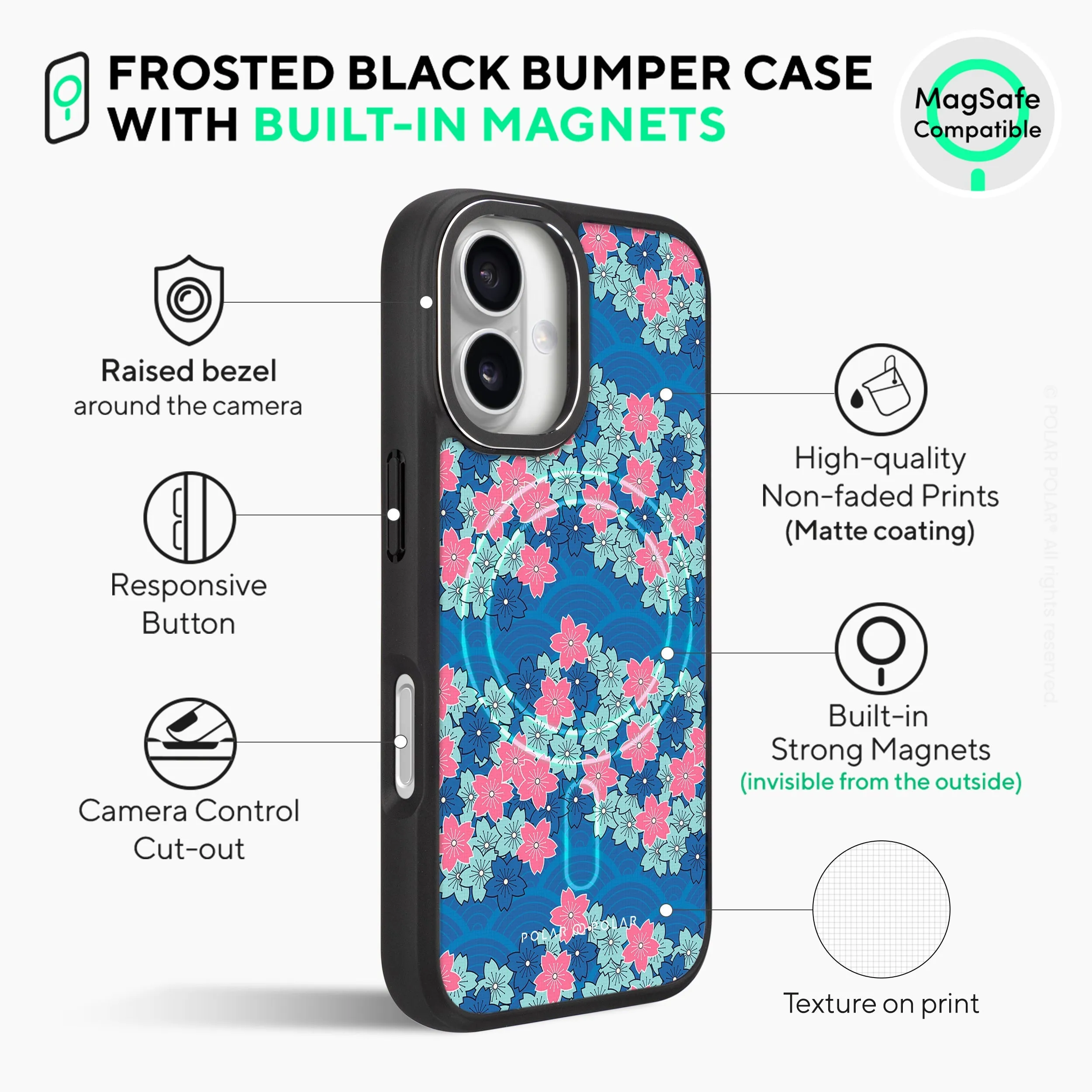 Navy Sakura Wave - iPhone 16 Frosted Black Bumper MagSafe Case
