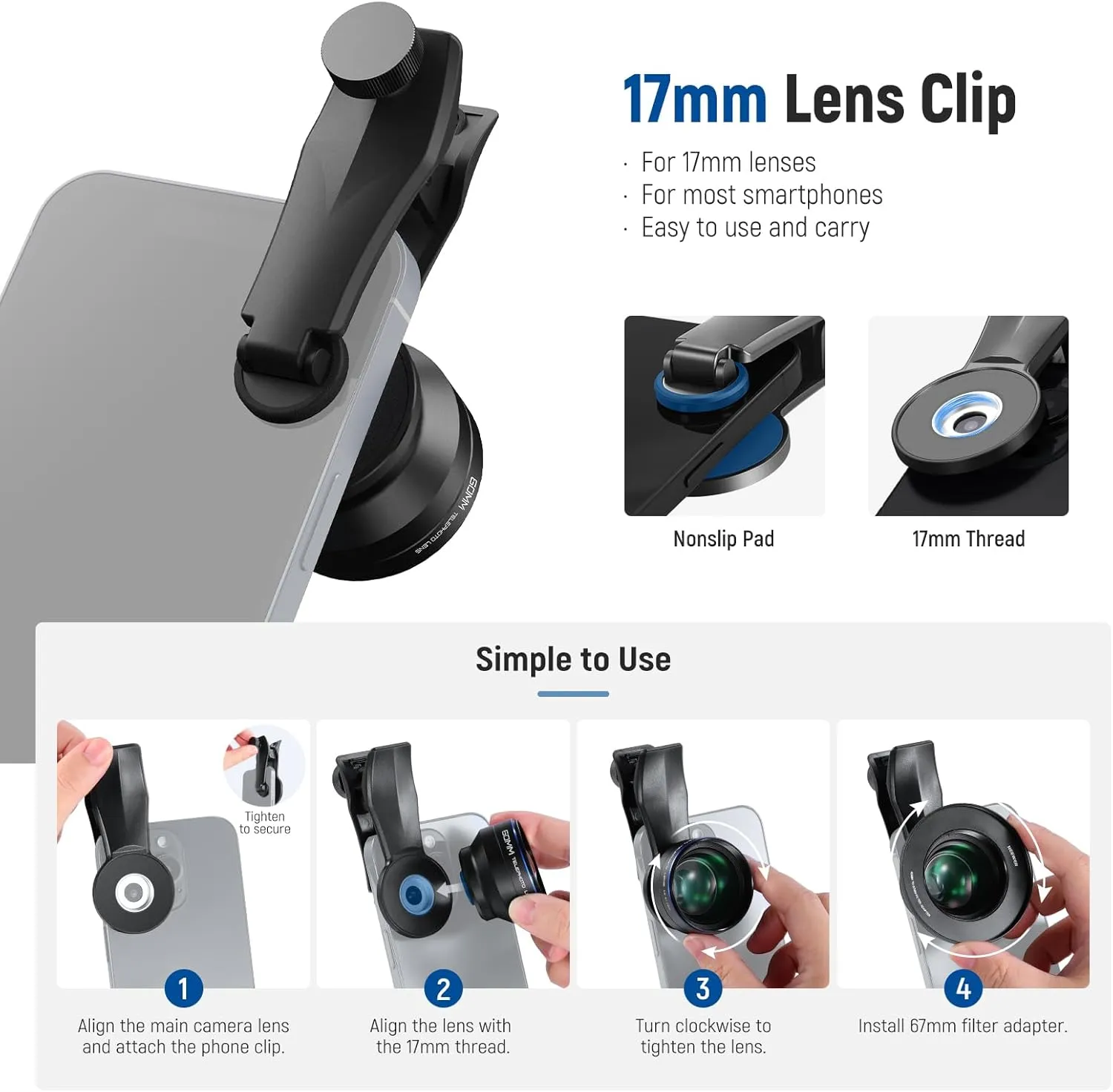 NEEWER 60mm Telephoto Lens with 17mm Thread Phone Lens Clip & 67mm Filter Adapter Ring, 2X Magnification Compatible with iPhone Samsung, LS-41 PRO
