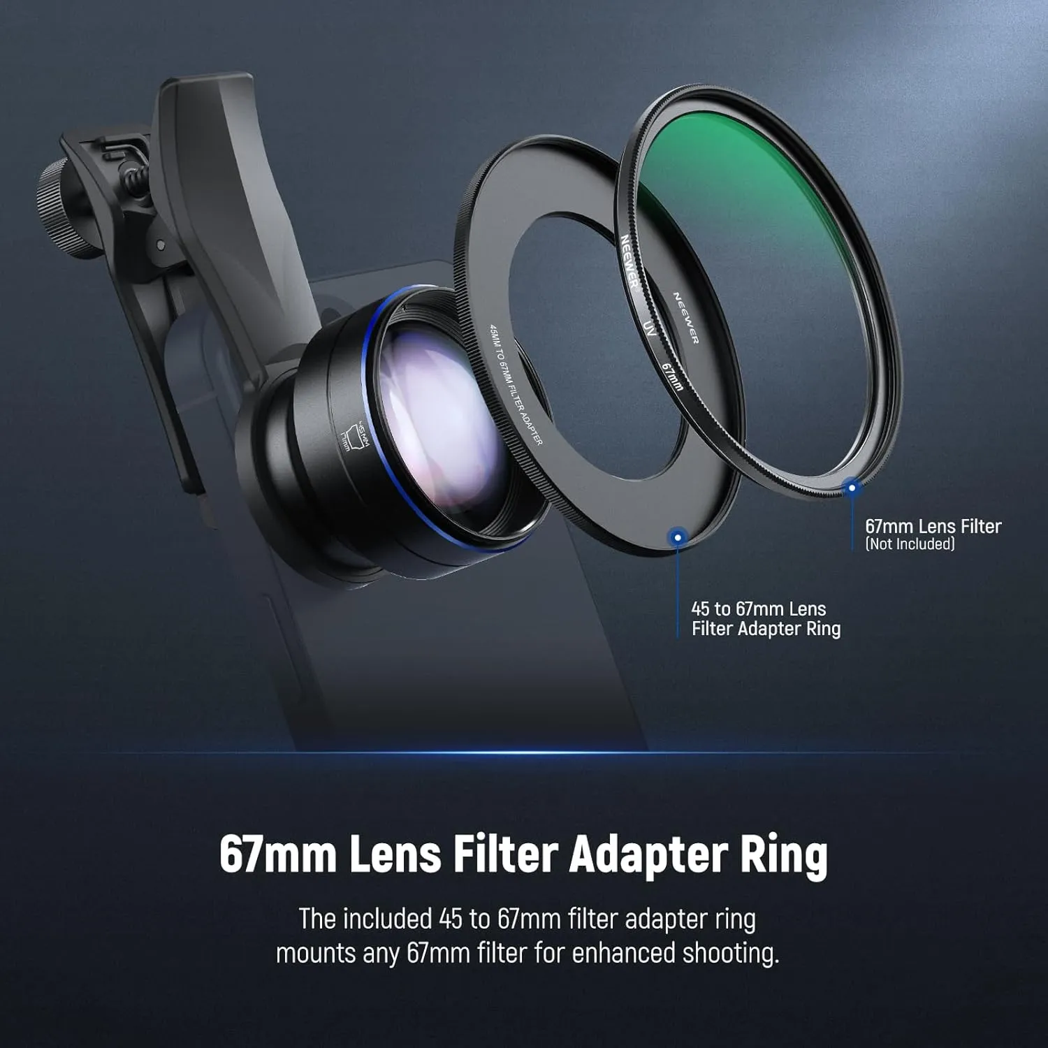 NEEWER 60mm Telephoto Lens with 17mm Thread Phone Lens Clip & 67mm Filter Adapter Ring, 2X Magnification Compatible with iPhone Samsung, LS-41 PRO