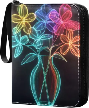 Neon Light Painting Flowers Cards Binder 4 Pocket Fits 400 Cards with 50 Removable Sleevesves, Trading Card Collector Zipper Album Holder Portable Card Games Display Storage Cases