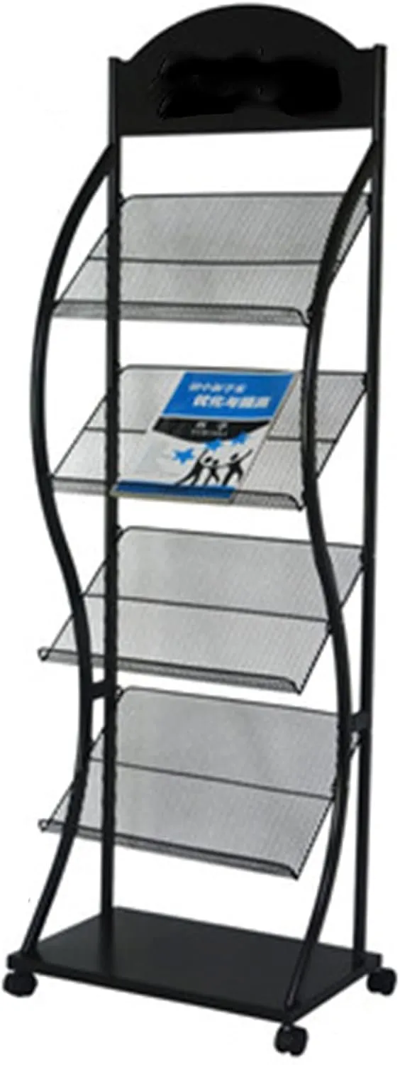 Newspaper Rack Floor Stand, 4-Layer Iron Wheeled Magazine Display Holder, for Brochures, Documents in Exhibitions, Shopping Malls, Hospitals, Offices(Black-LxWxH 50x32x152 cm