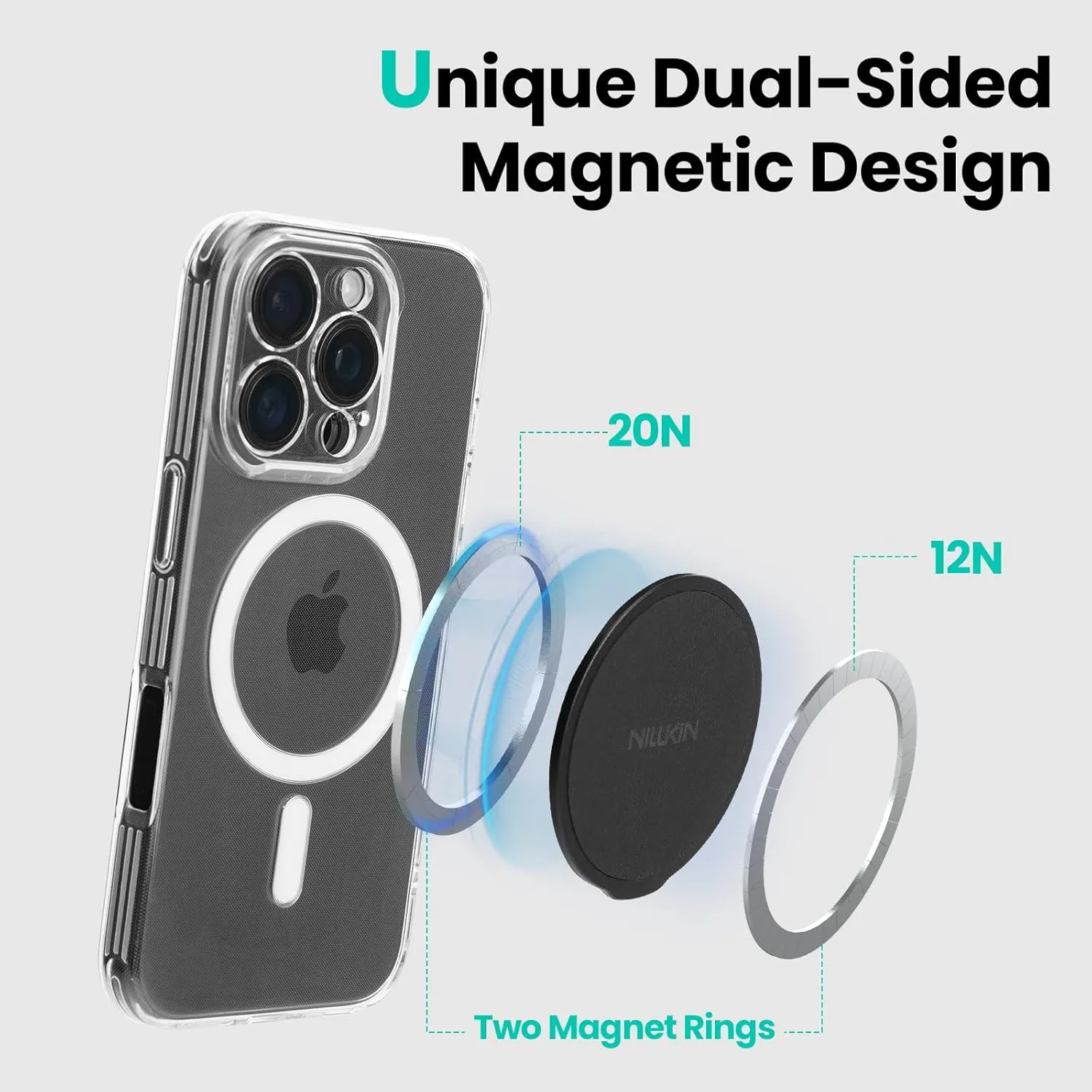 Nillkin MagSafe Phone Grip Ring Holder for Double Sided Magnet, Removable Magnetic Phone Ring Holder with Stand for iPhone 16/15/14/13/12/ Series MagSafe Case, Samsung, Magnetic Holder for Gym - Black