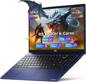 NIMO 15.6 FHD-Business-Gaming-Laptop, 6-Cores 660M GPU, AMD Ryzen 5 6600H 16GB DDR5 1TB SSD (Beat i5-12450H, Up to 4.5GHz) IPS Laptop Computer with 100W Type C Fingerprint Backlit Keyboard