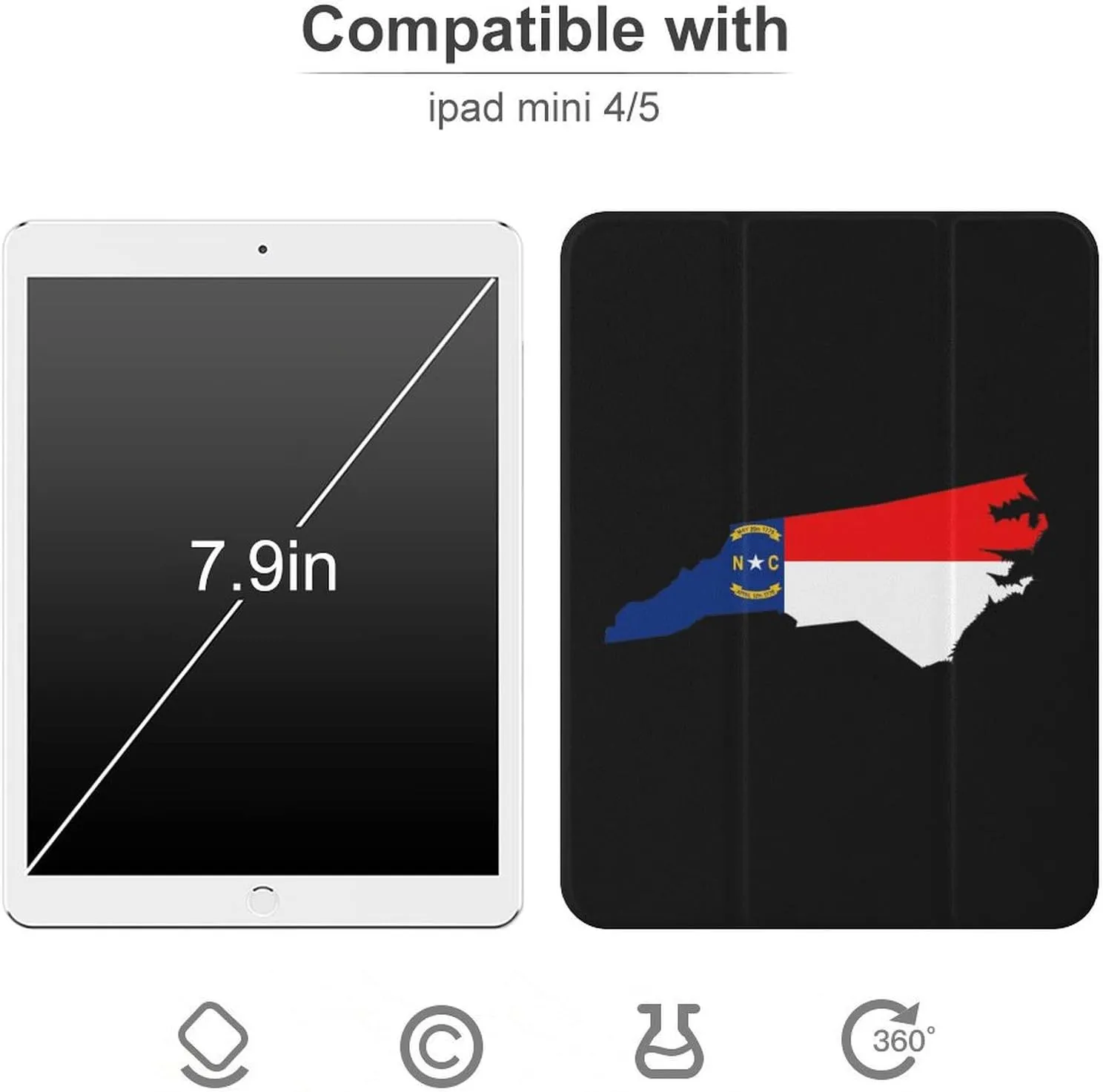 North Carolina State Flag Map Protective Case Compatible with Ipad Mini4/5/6 with Pen Slot Kickstand