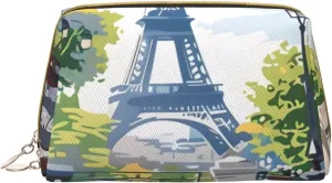 Novastar Large Travel Makeup Bag - Parisian Cafe With Eiffel Pvc Leather Cosmetic Bags for Women with Zipper, Portable Makeup Pouch Skincare Bag Toiletry Bag for Women
