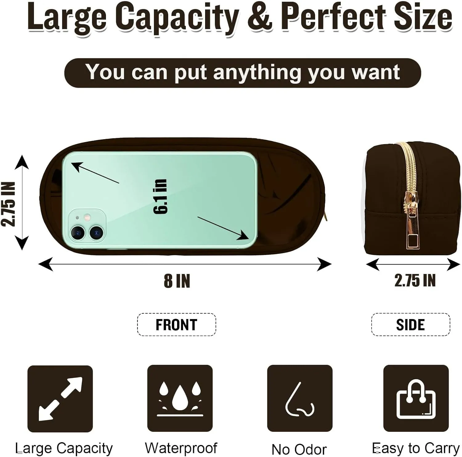 Nylon Small Clear Makeup Bag, Slim Black Makeup Brush Case, Waterproof Travel Toiletry Bag, Zipper Pouch for Purse, Make Up Organizer for Women (Brown)