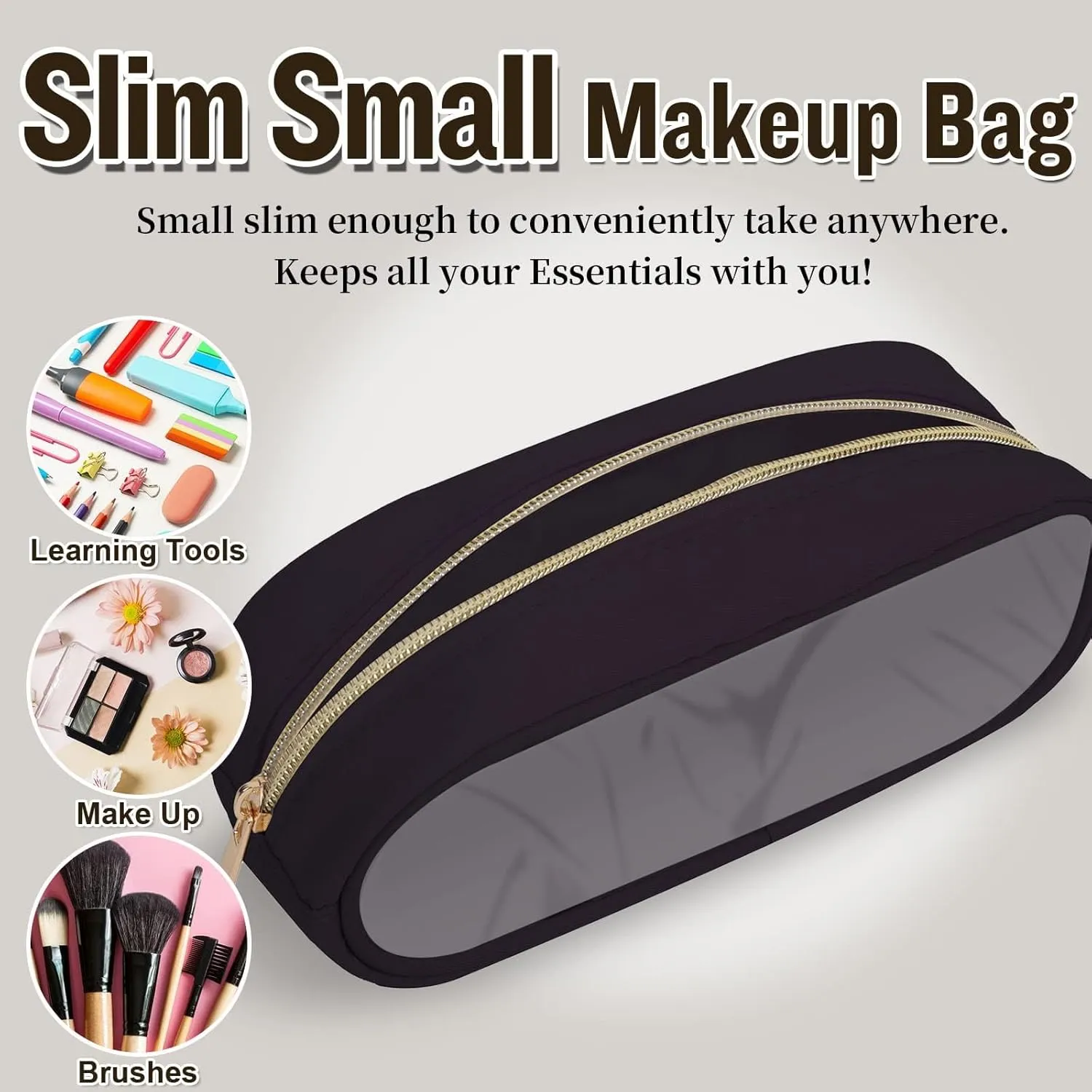 Nylon Small Clear Makeup Bag, Slim Black Makeup Brush Case, Waterproof Travel Toiletry Bag, Zipper Pouch for Purse, Make Up Organizer for Women (Brown)