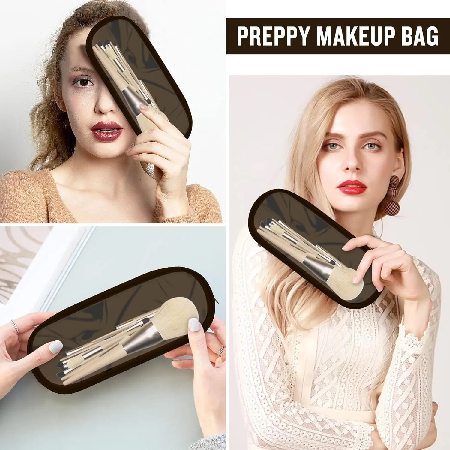 Nylon Small Clear Makeup Bag, Slim Black Makeup Brush Case, Waterproof Travel Toiletry Bag, Zipper Pouch for Purse, Make Up Organizer for Women (Brown)