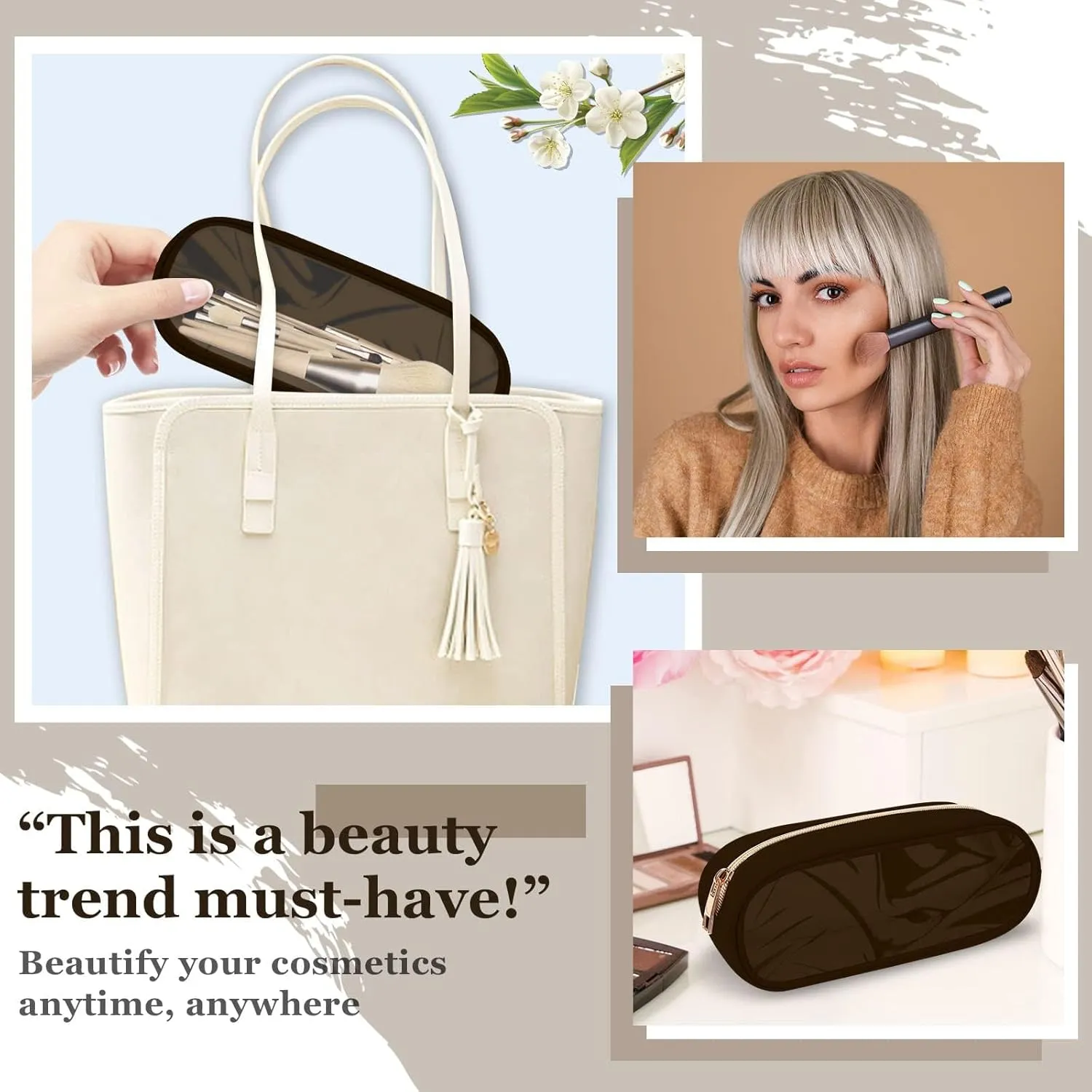 Nylon Small Clear Makeup Bag, Slim Black Makeup Brush Case, Waterproof Travel Toiletry Bag, Zipper Pouch for Purse, Make Up Organizer for Women (Brown)