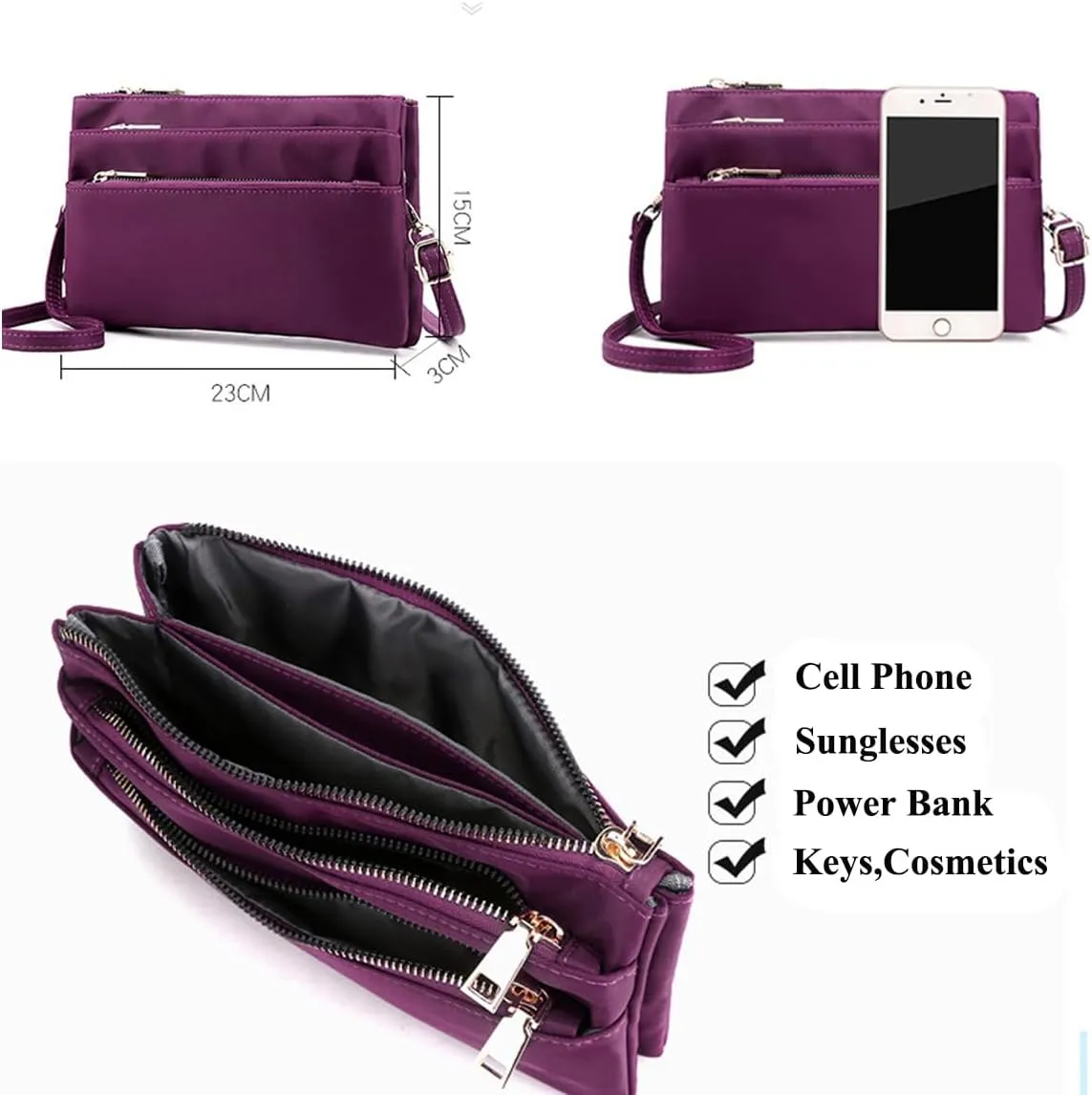 Nylon Small Cross Body Bags for Women Multi Pockets Phone Shoulder Bag Travel Mini Handbag Ladies Cross Body Bag (Grey)
