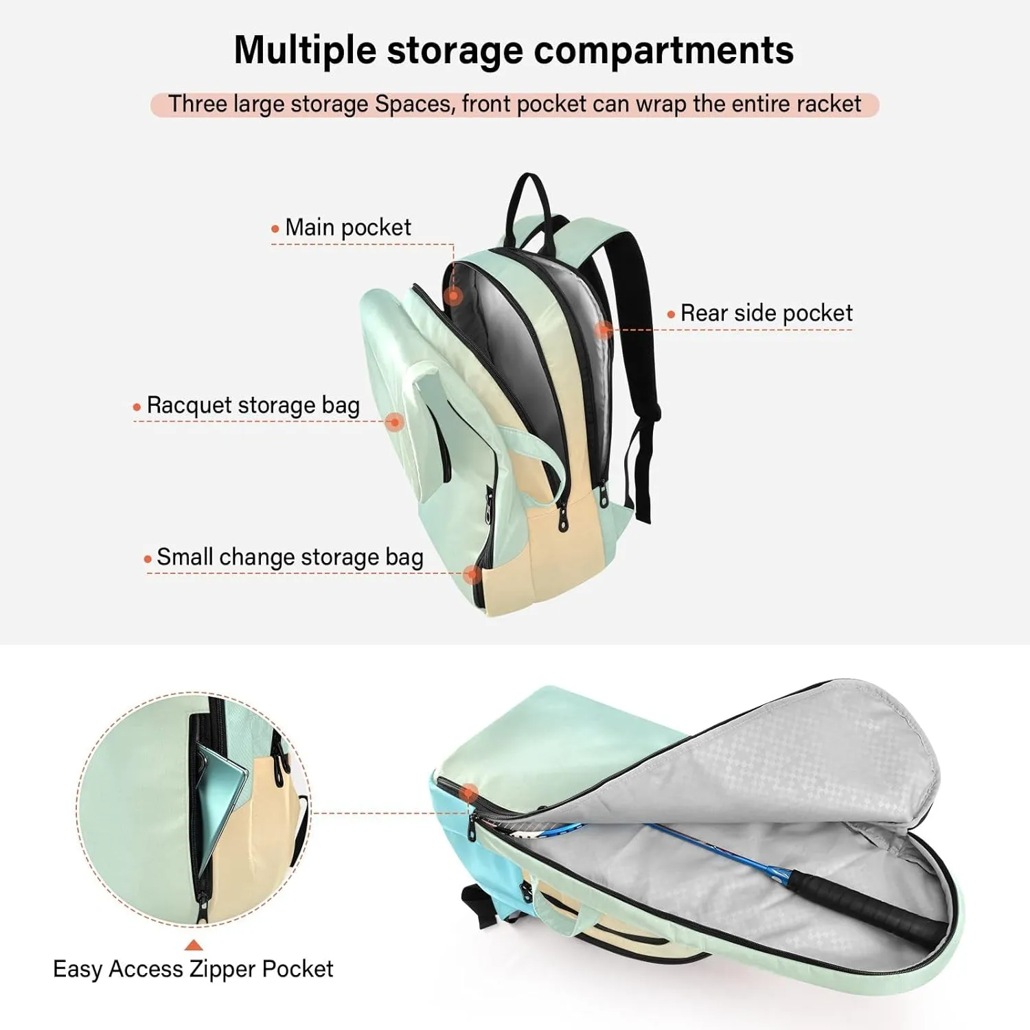 ODAWA Light Salmon Tennis Bag Holds 2 Tennis Rackets Waterproof Tennis Backpack