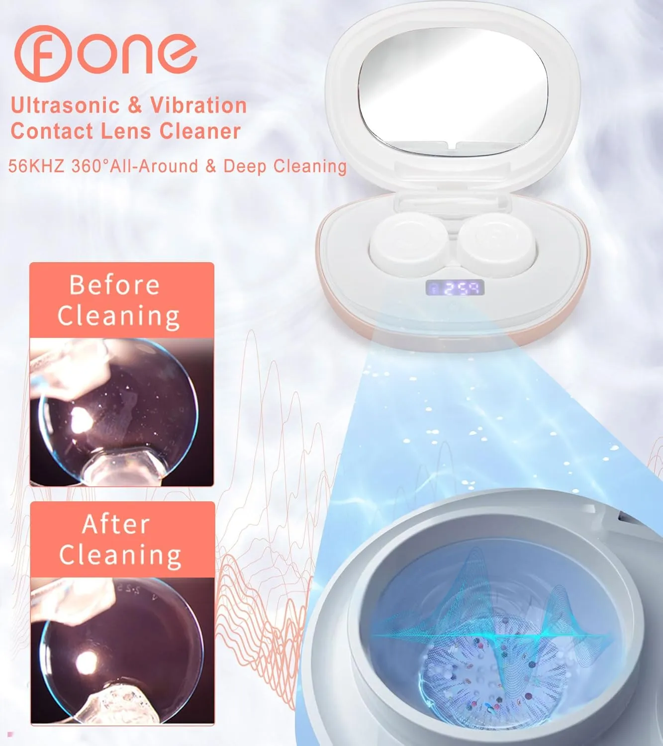 ofone Contact Lens Cleaner, Ultrasonic Contact Lens Cleaning Machine with USB Charger, Timer Display and 5 Contact Solution Cases Kit Replacement for Soft Hard Colored RGP Lenses (Pink)