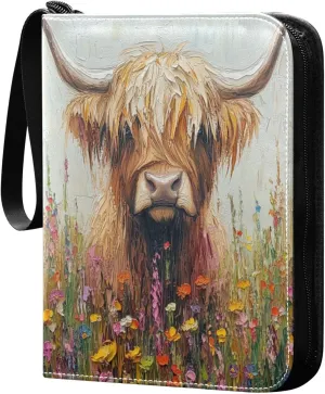 Oil Painting Highland Cow Wildflower Field Cards Binder 4 Pocket Fits 400 Cards with 50 Removable Sleevesves, Trading Card Collector Zipper Album Holder Portable Card Games Display Storage Cases