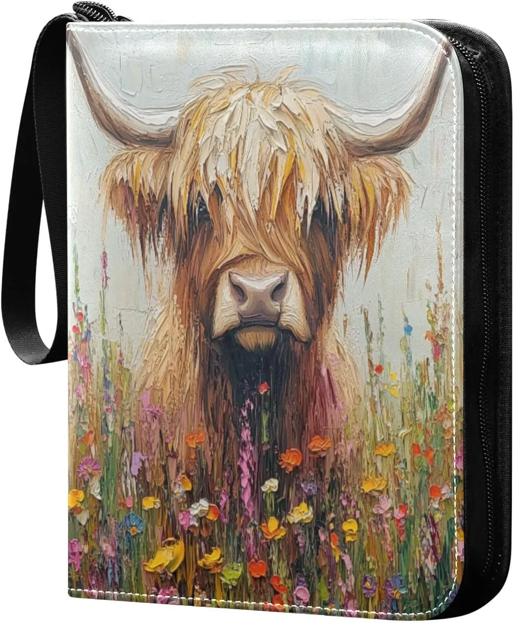 Oil Painting Highland Cow Wildflower Field Cards Binder 4 Pocket Fits 400 Cards with 50 Removable Sleevesves, Trading Card Collector Zipper Album Holder Portable Card Games Display Storage Cases