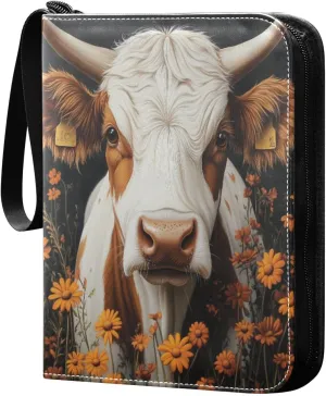 Oil Painting Of Brown Cow Cards Binder 4 Pocket Fits 400 Cards with 50 Removable Sleevesves, Trading Card Collector Zipper Album Holder Portable Card Games Display Storage Cases