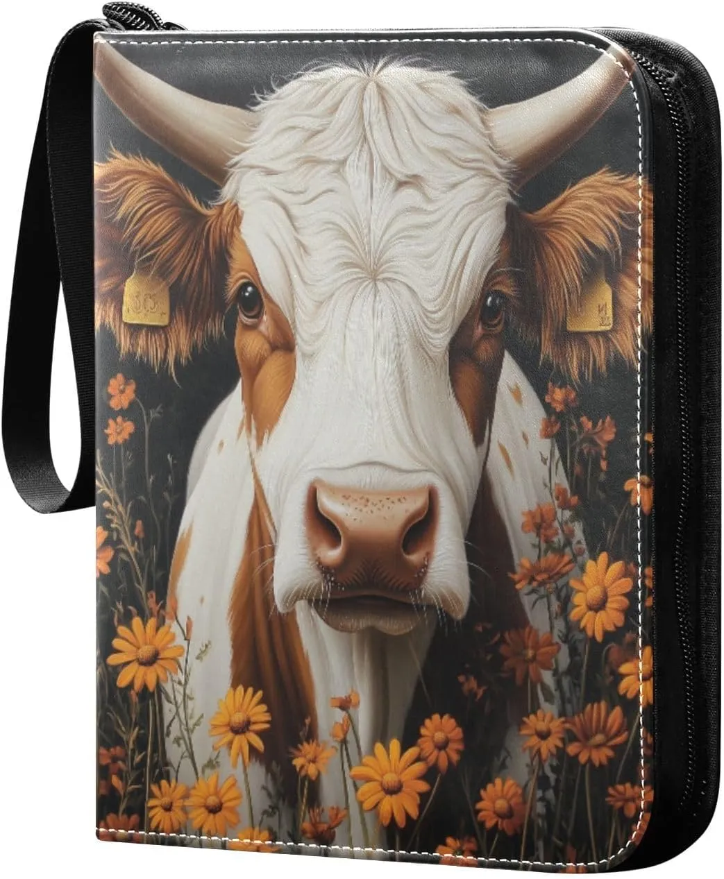 Oil Painting Of Brown Cow Cards Binder 4 Pocket Fits 400 Cards with 50 Removable Sleevesves, Trading Card Collector Zipper Album Holder Portable Card Games Display Storage Cases