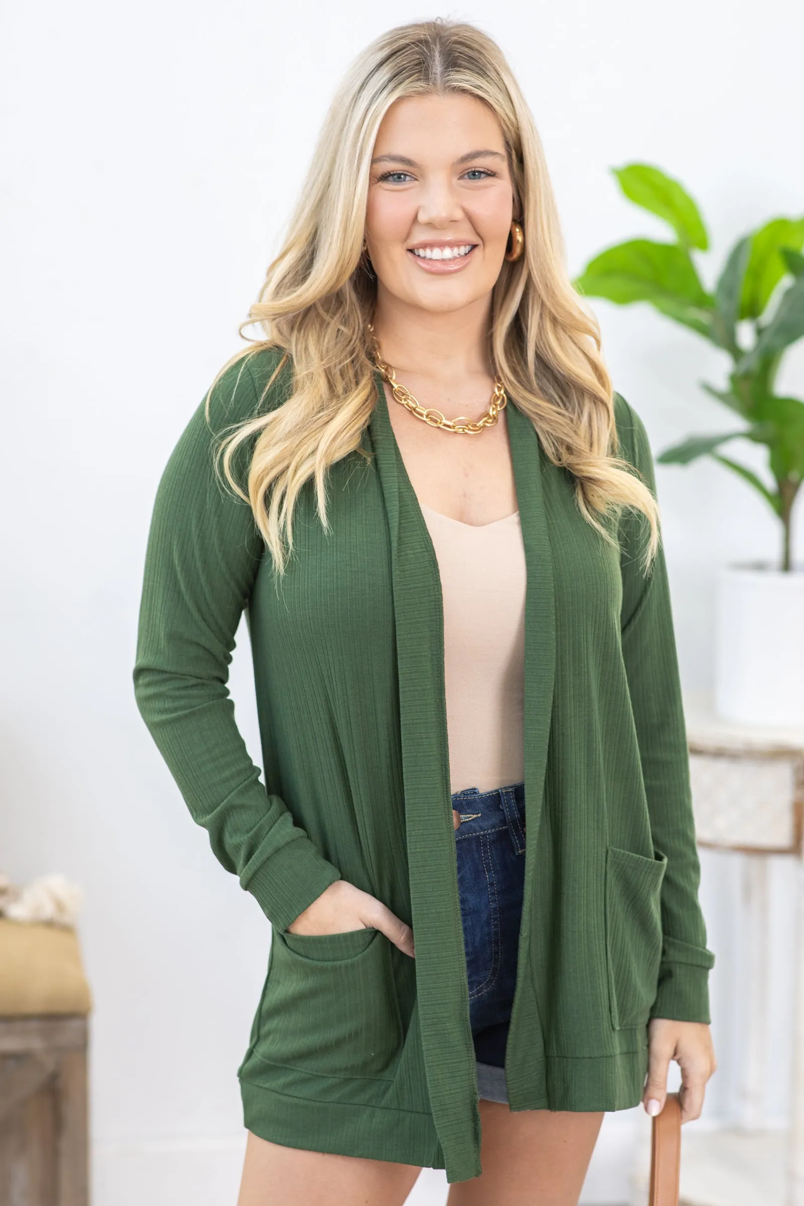 Olive Knit Cardigan With Pockets