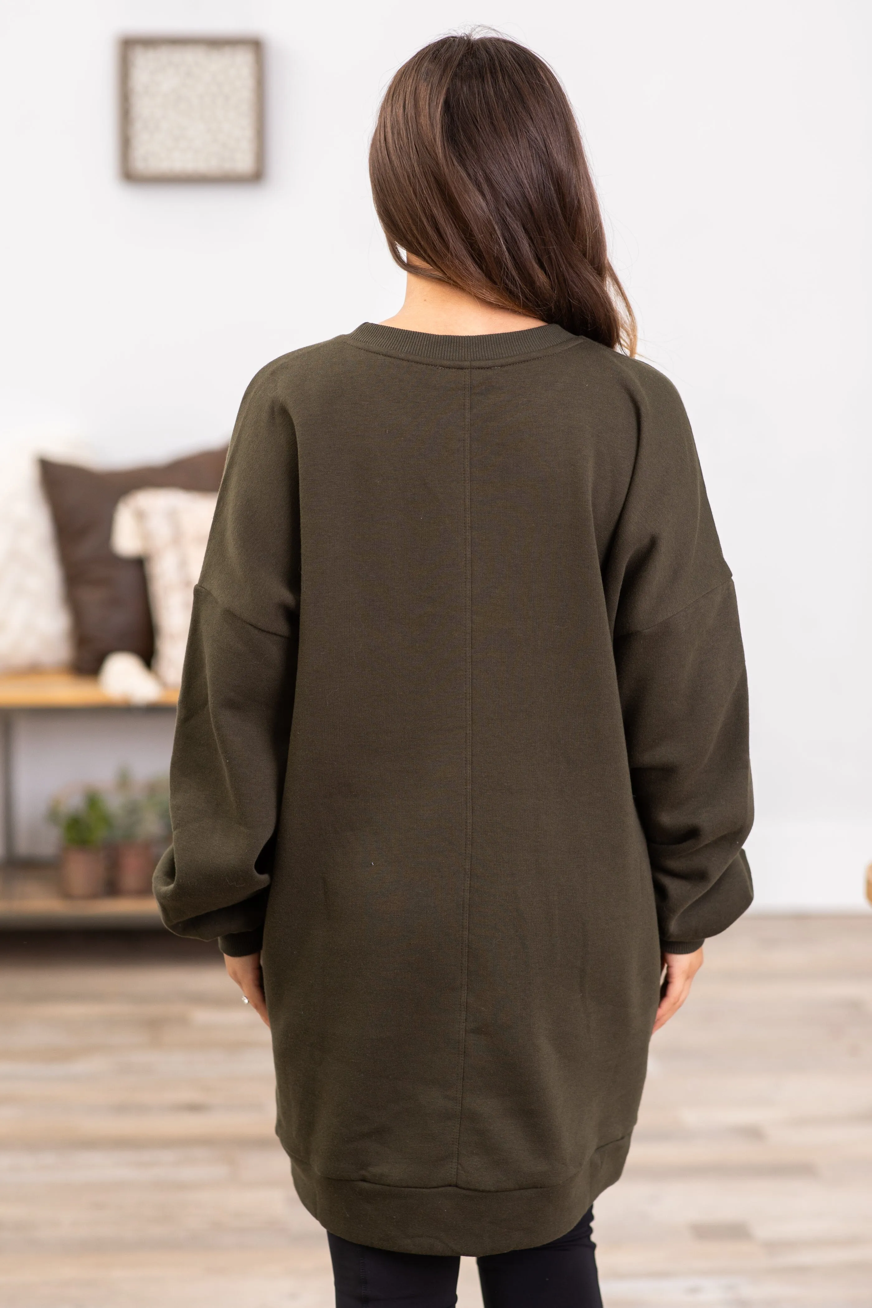 Olive Tunic Length Sweatshirt With Pockets