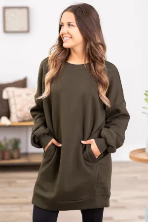 Olive Tunic Length Sweatshirt With Pockets