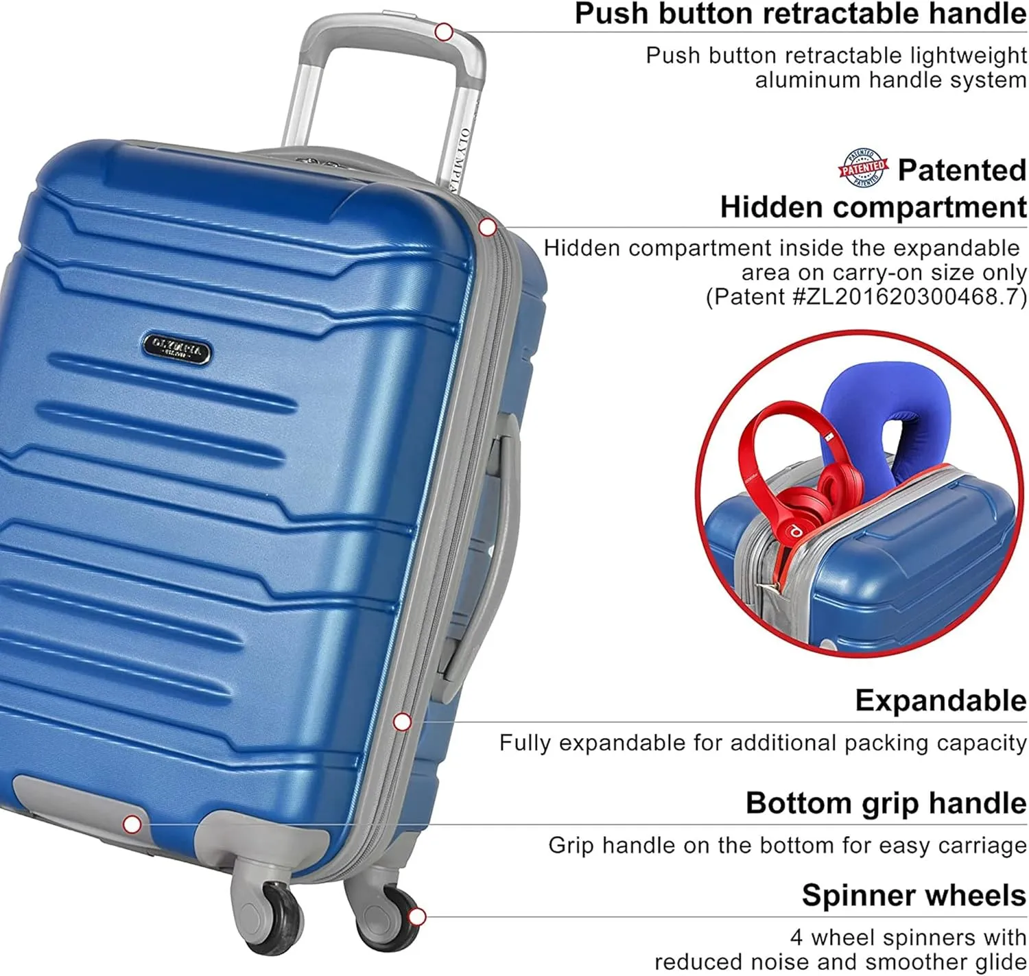 Olympia U.S.A. Denmark 22" Carry-On Suitcase - Lightweight Hardside Luggage, Expandable 30%, 8 Jumbo Spinner Wheels, Utility Hook & Hidden Laptop Compartment (Navy)