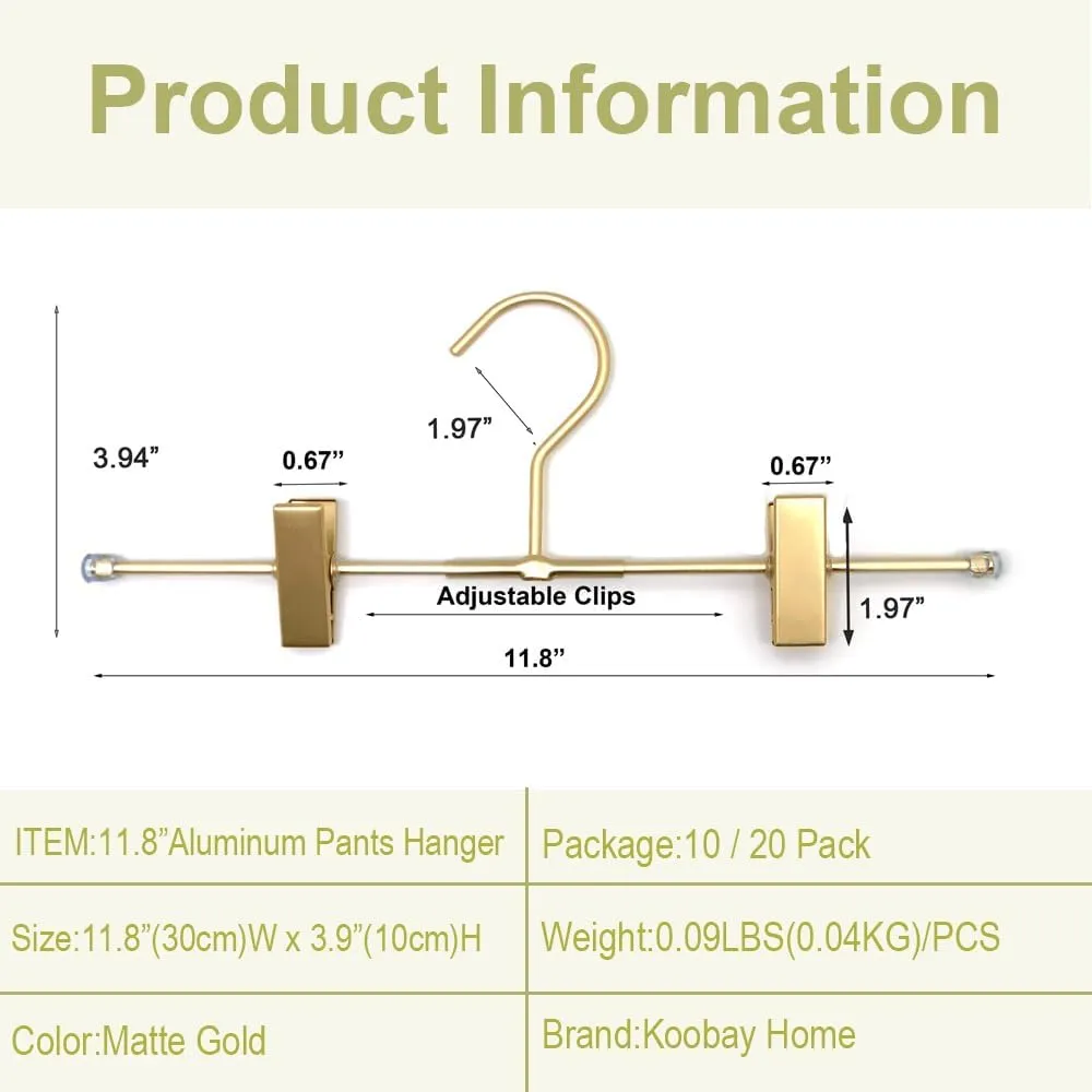 Pants Hangers Gold Aluminum Skirt Hanger 2-Adjustable Clips Heavy Duty Clothes Hangers Space Saving Durable Hanger 11.8" Closet Organizer for Pant,Pack of 10