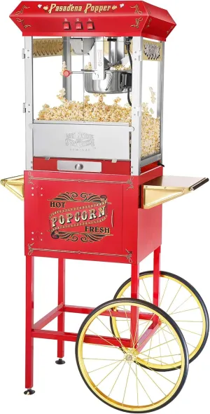 Pasadena Popcorn Machine with Cart- Popper Makes 3 Gallons- 8-Ounce Kettle, Old Maids Drawer, Warming Tray & Scoop by Great Northern Popcorn (Red)