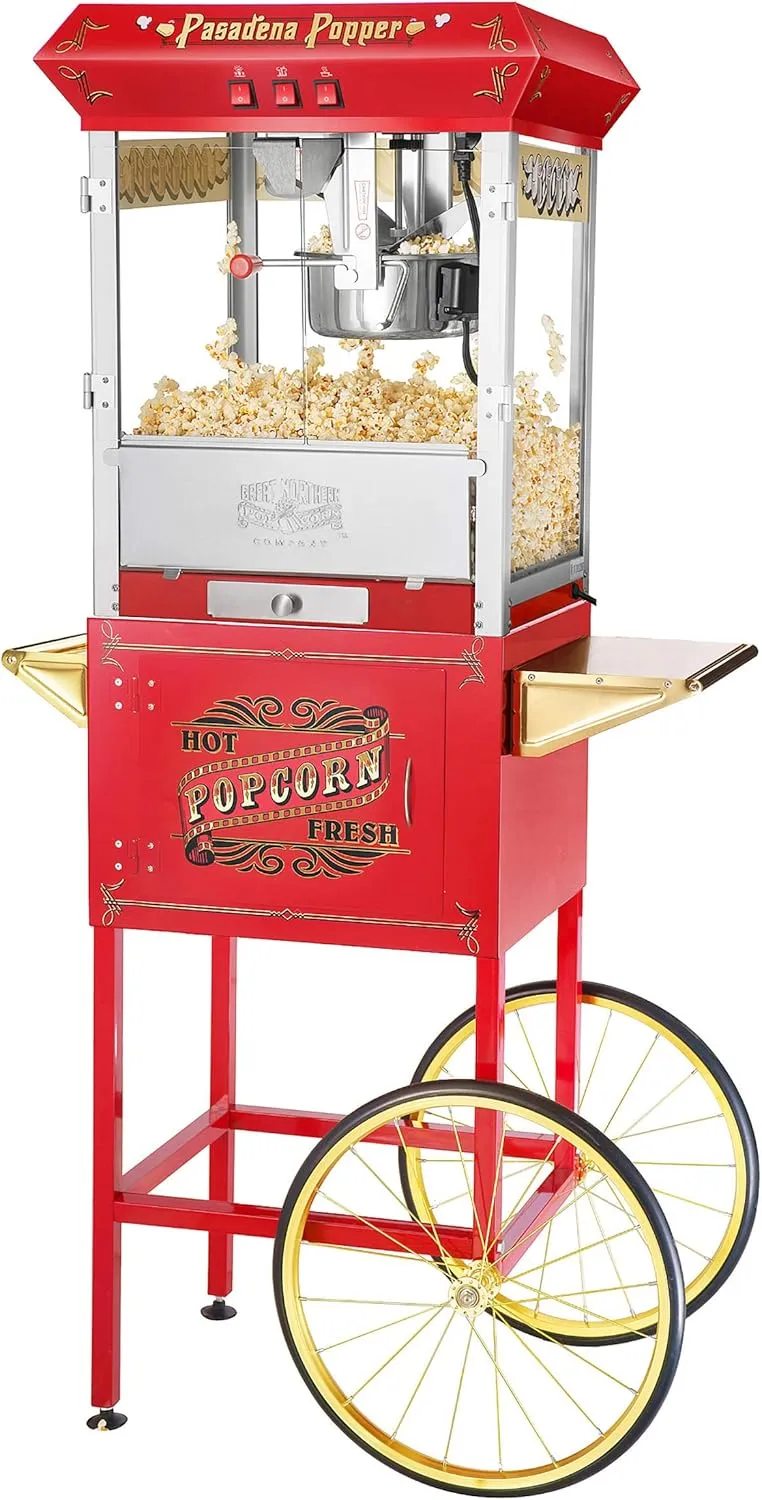 Pasadena Popcorn Machine with Cart- Popper Makes 3 Gallons- 8-Ounce Kettle, Old Maids Drawer, Warming Tray & Scoop by Great Northern Popcorn (Red)