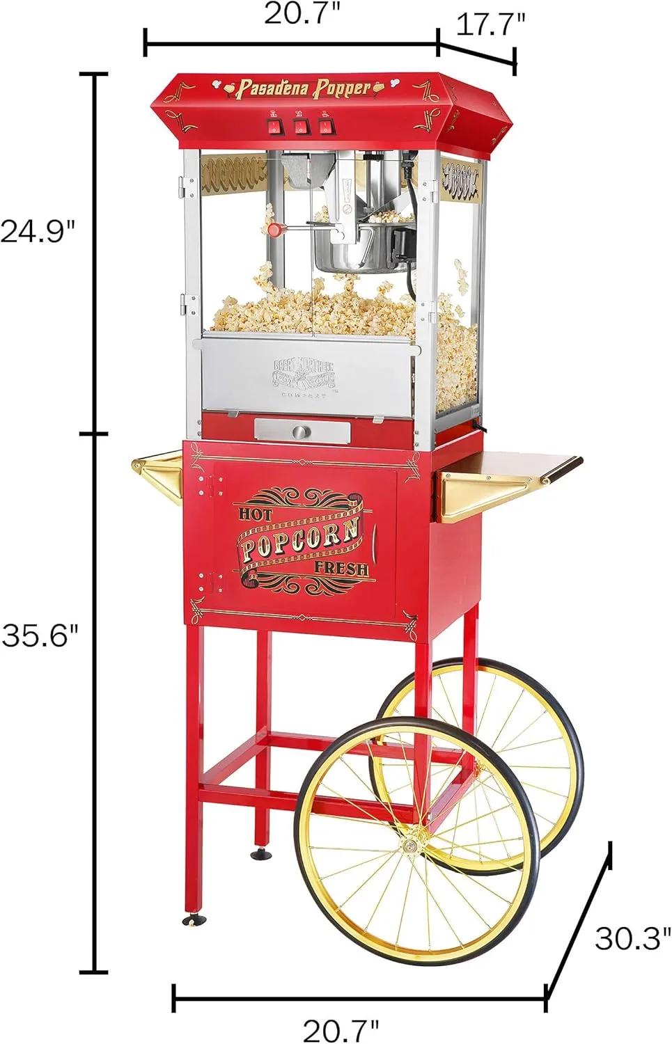 Pasadena Popcorn Machine with Cart- Popper Makes 3 Gallons- 8-Ounce Kettle, Old Maids Drawer, Warming Tray & Scoop by Great Northern Popcorn (Red)