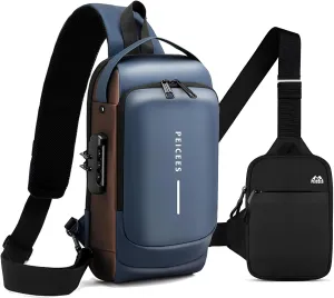 Peicees Pack of 2 Mens Crossbody Bag Man Bags Mens Purse Anti-theft Sling Bag Shoulder Bag Chest Bag, Leather Blue Gold and Mini Black