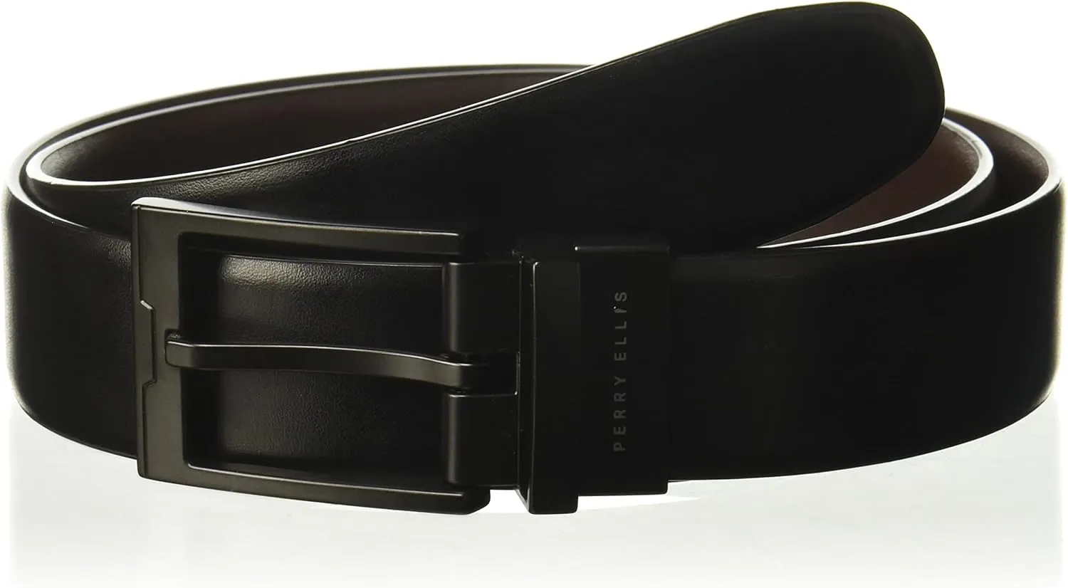 Perry Ellis Portfolio Men’s Reversible Cop Belt, Matte Leather, Burnished, Black Buckle, 1.5" Width (Available in Big & Tall)